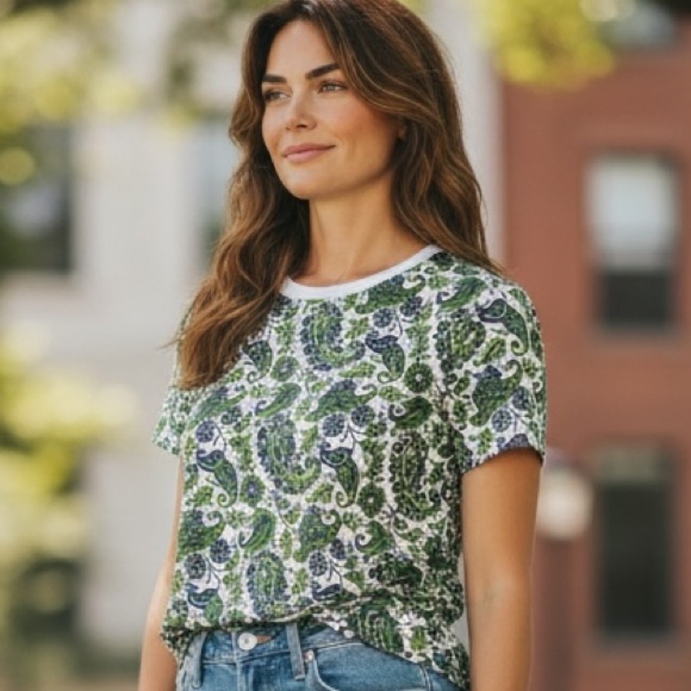 Goldie Pima Cotton Green And Navy Paisley Short Sleeve Tee Small